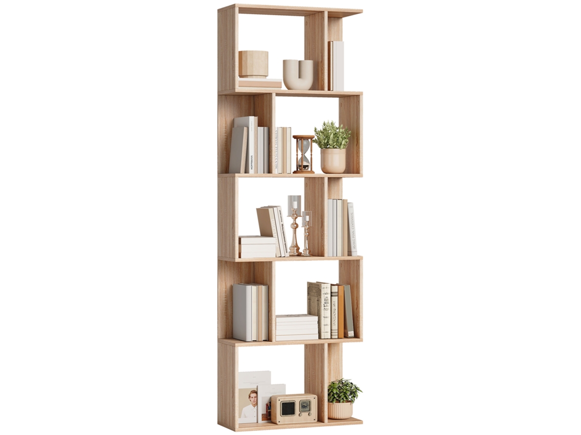 Estante Em Formato S Com 5 Andares E Prateleiras, 60x24x184,5cm, Em Efeito Madeira Natural