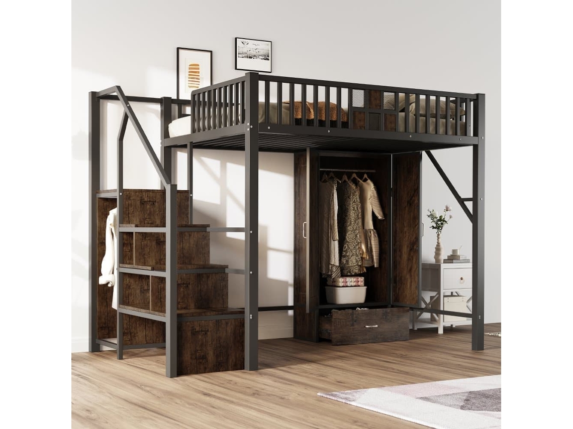 Cama Alta Metálica 140x200 - Design Com Grade, Armário, Gavetas E Escada De Arrumação - Preto