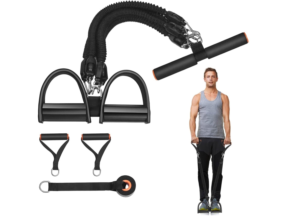 Faixa de Resistência com Pedal 4 Tubos 45 Kg Ajustável Multiuso para Abdominais AQUAFORGE