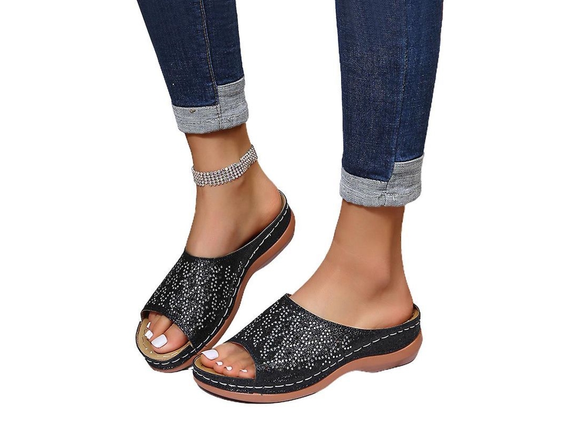 2026 sandálias Femininas com Cintas Abertas e Strass em Wedge para Praia e Passeios