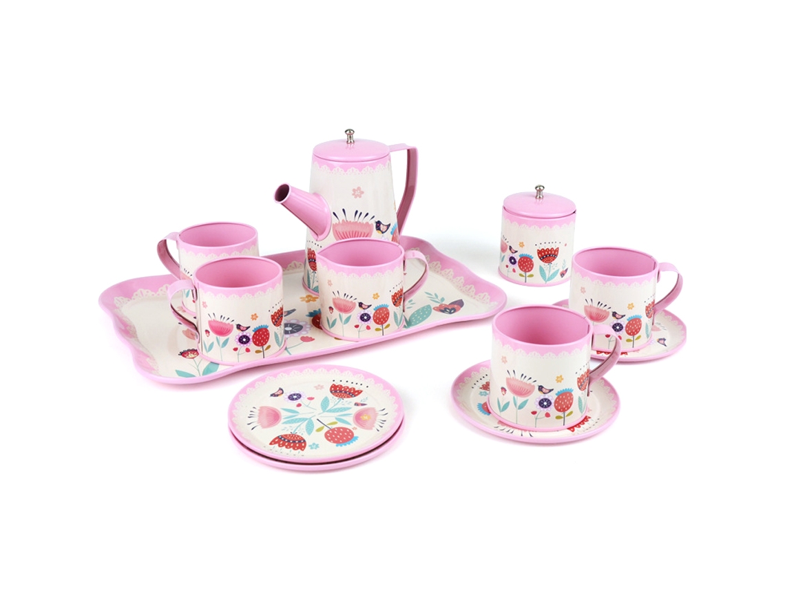 Mali conjunto de Chá Infantil Rosa de Lata com Chaleira Xícaras Pratos Bandeja Brinquedo Presente