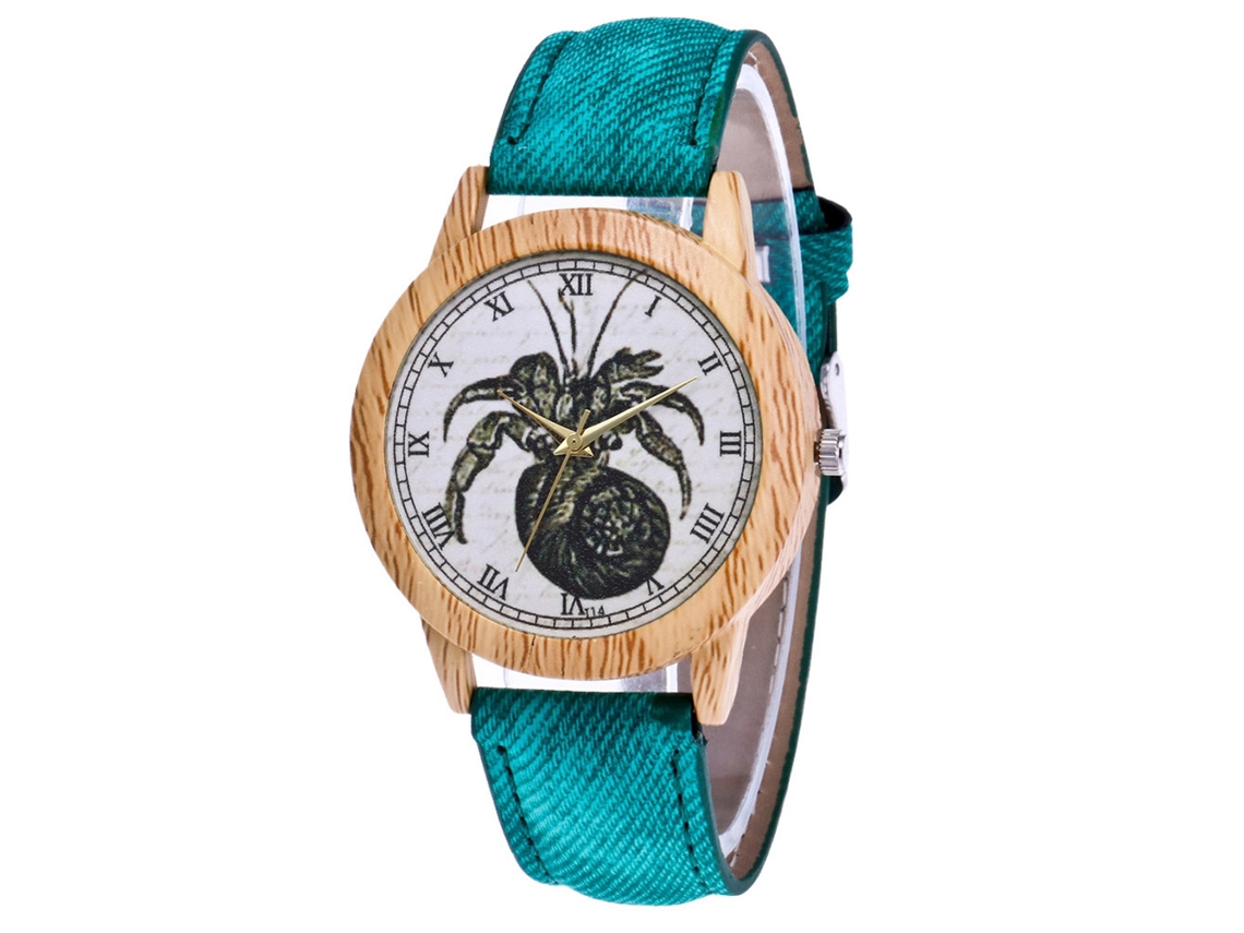 Relógio de casal vintage Zhoulianfa com estampa de caranguejo, aço, quartzo e pulseira verde.