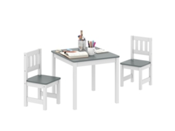 Conjunto de Mesa e Cadeiras de Madeira com 3 Peças para Crianças de 3 a 8 Anos, Cinza e Branco, com Bordas Arredondadas. CHEZMOI