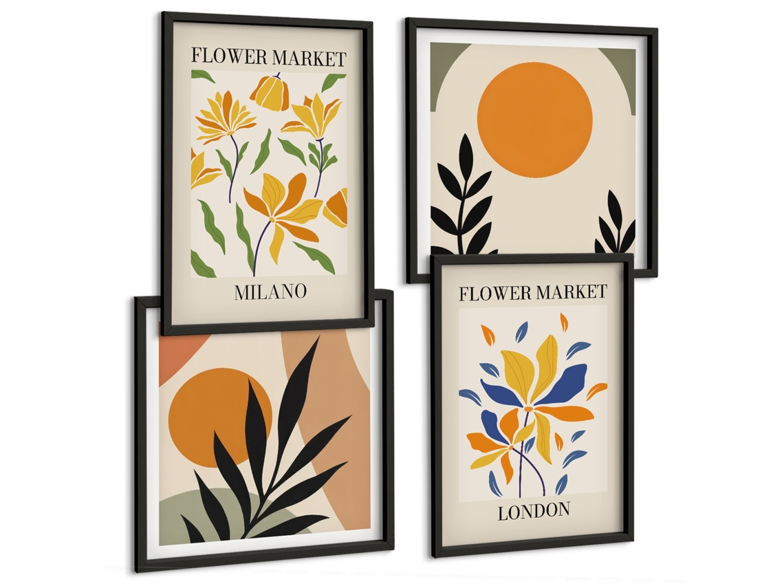 Composição De Quadros Flores Frutas Estilo Vintage Espelharte (4 Peças)
