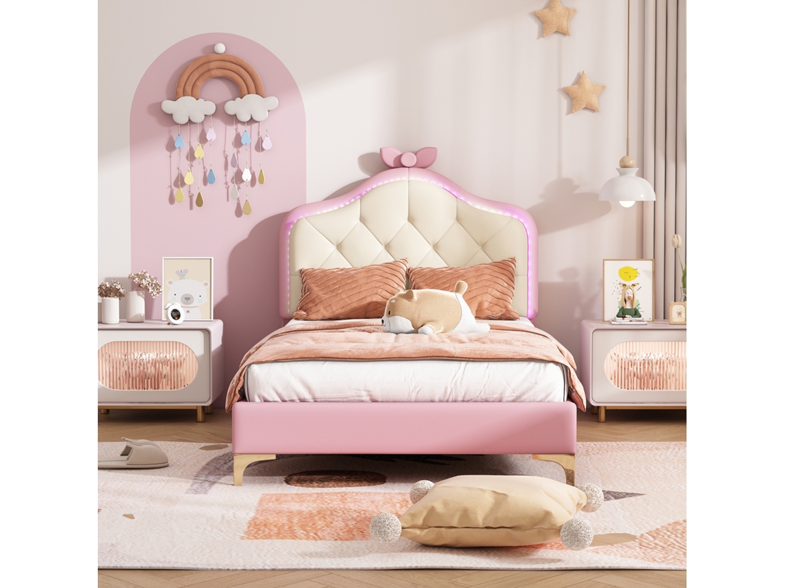 Cama Infantil Rosa 90x200cm Com Led Multicolorido E Laço Pu