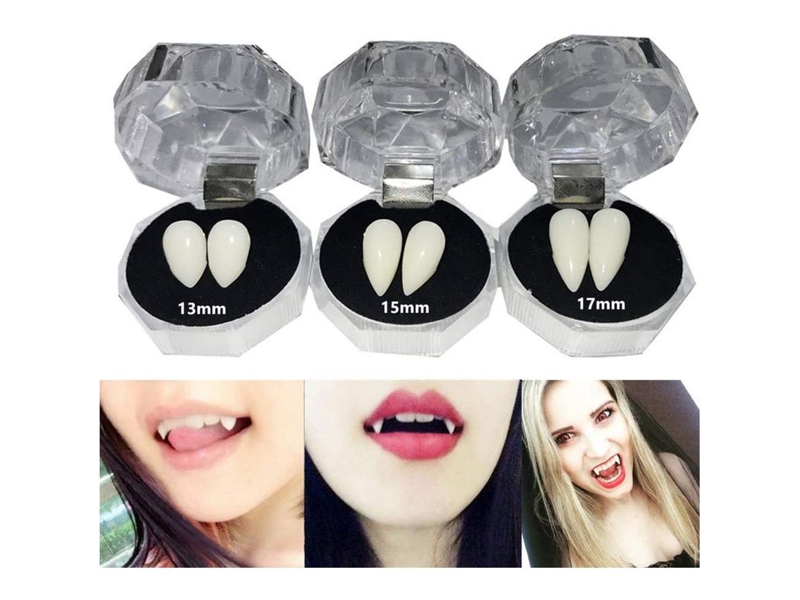Proteses de Dentes Nova Line, de vampiro, 3 pares, cosplay, Halloween, adesivo, tamanhos 13mm, 15mm, 17mm | S/MARCA
