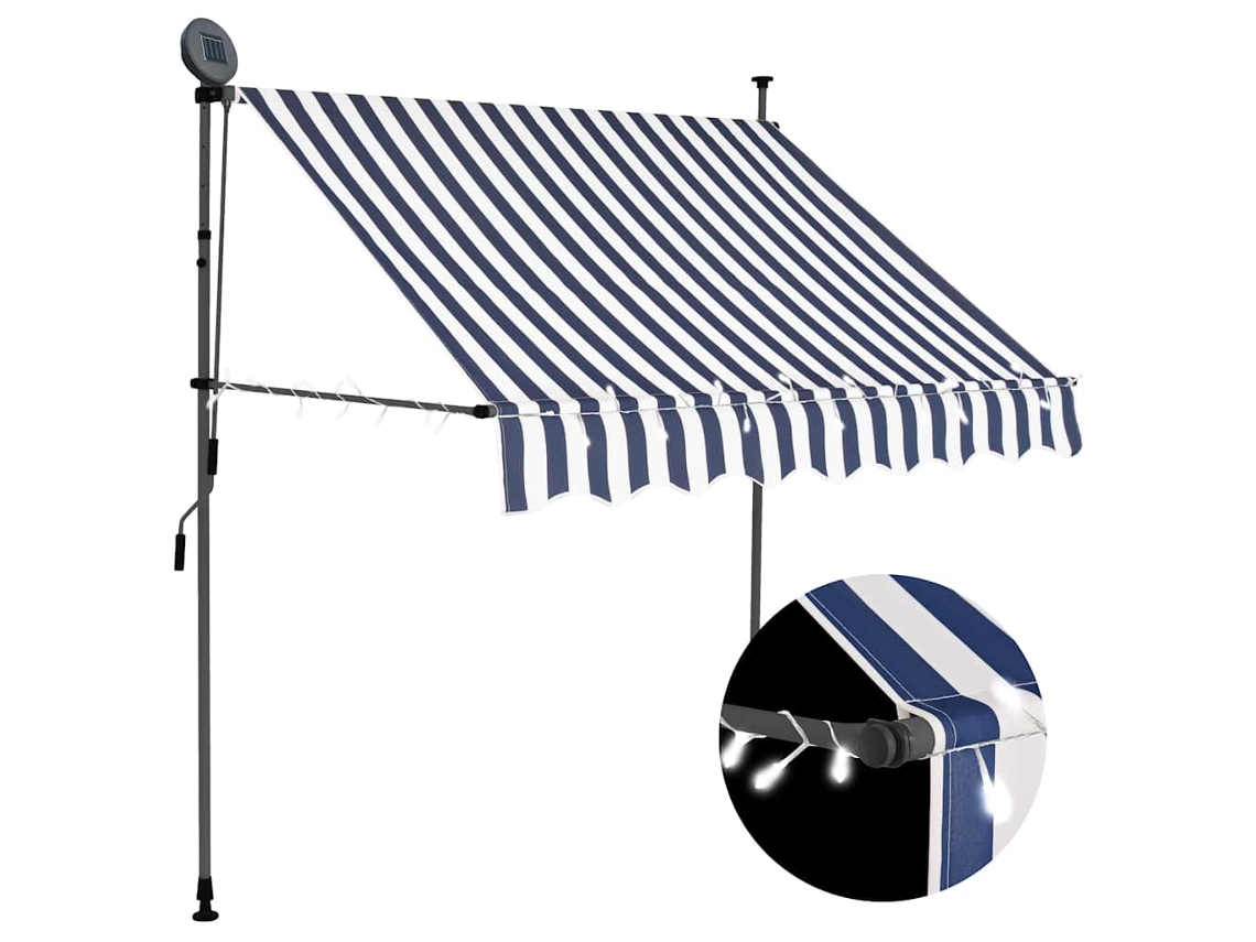 Vidaxl Toldo Retrátil Manual Com Led 200 Cm Azul E Branco