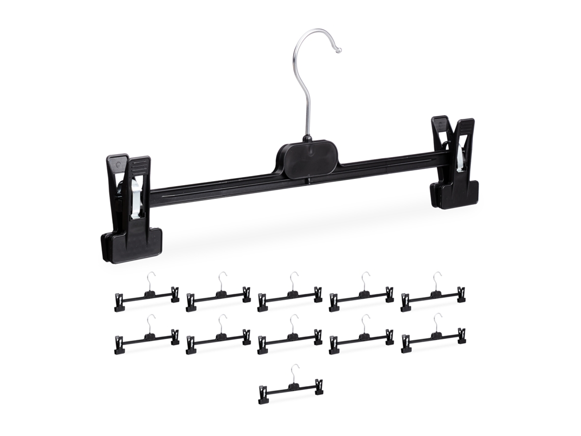 Conjunto De 12 Cabides Relaxdays, 2 Clipes, Ajustáveis Para Calças E Saias, Hbt: 15x35,5x2,5 Cm, Pp E Ferro, Preto