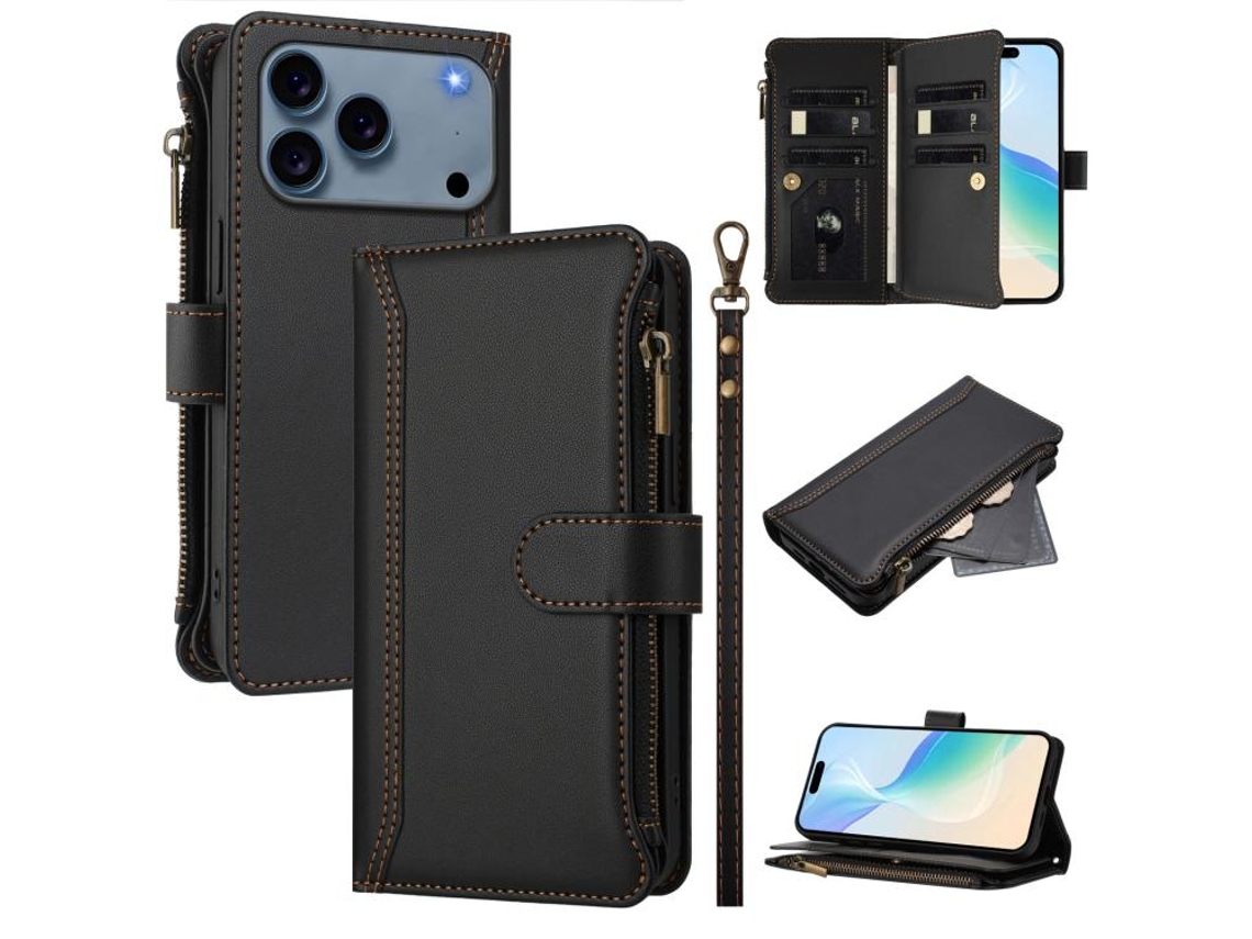 Capa Para Iphone 17 Pro Max - Couro Com Fecho Magnético, 9 Compartimentos Para Cartões E Alça De Mão