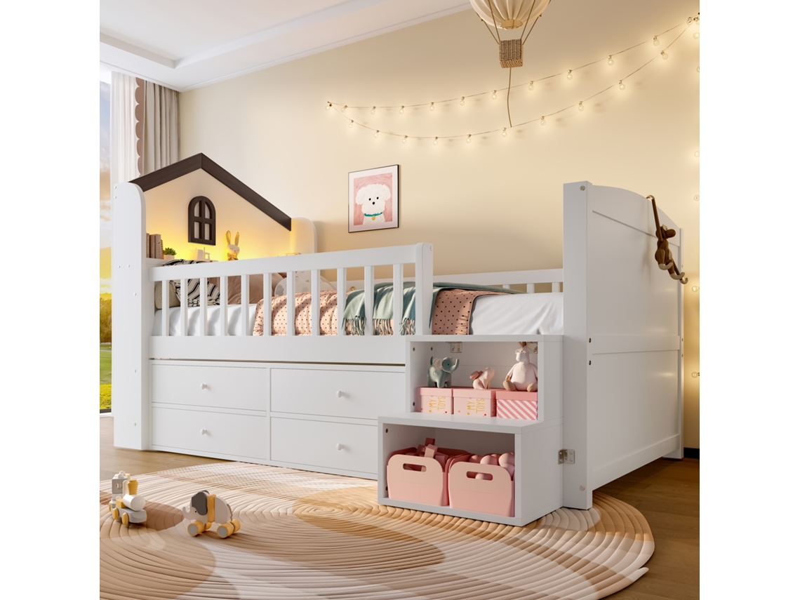 Lit Cabane Mi hauteur 90x200 Cm Avec Fenêtres, 4 Tiroirs, Échelle de Rangement, Led, Blanc VSOGA