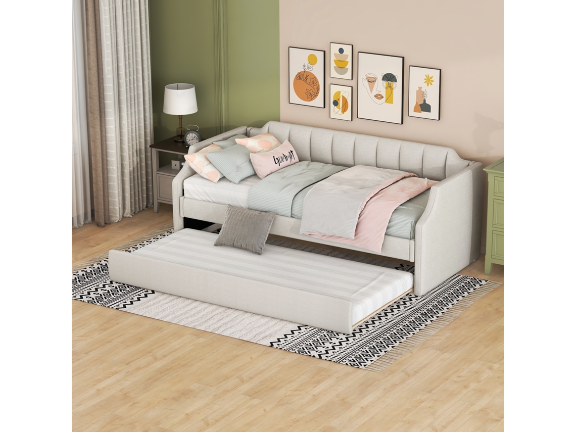 Cama De Dia Individual Acolchoada Bege 90x200(190) Com Caminha