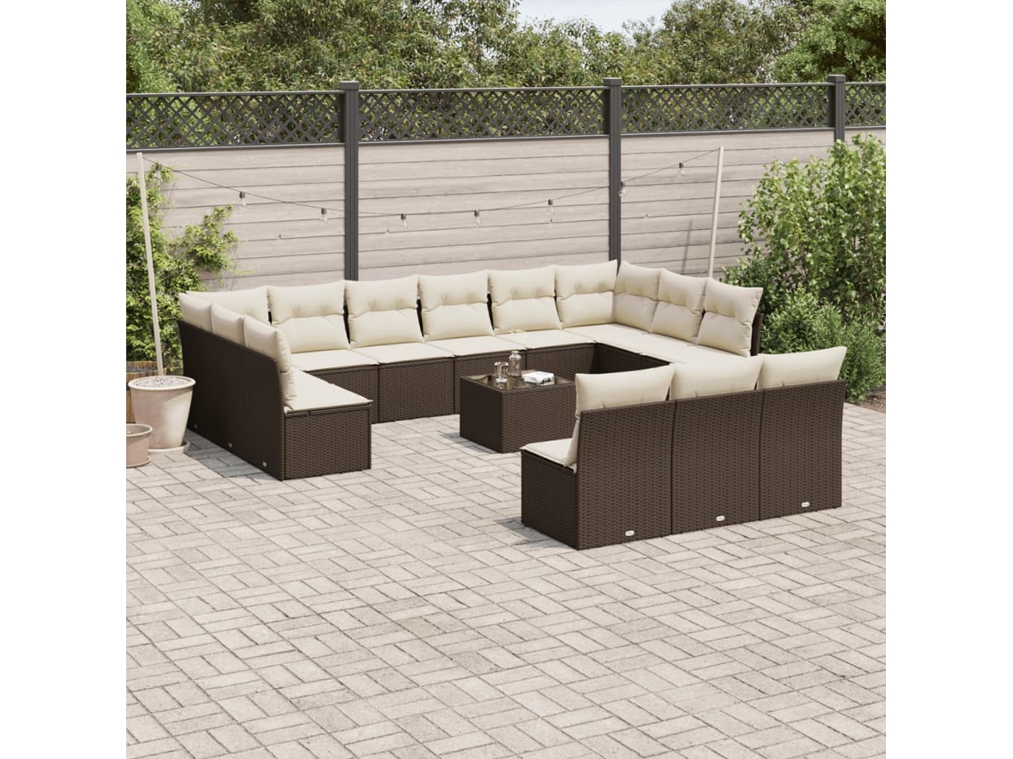 Vidaxl 14 Pcs Conjunto Sofás P/ Jardim C/ Almofadões Vime Pe Castanho