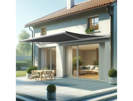 Toldo Coffre Hevoa Branco 5,00x3,50 Motorizado com socorro telecomando - Tela Cinza Escura