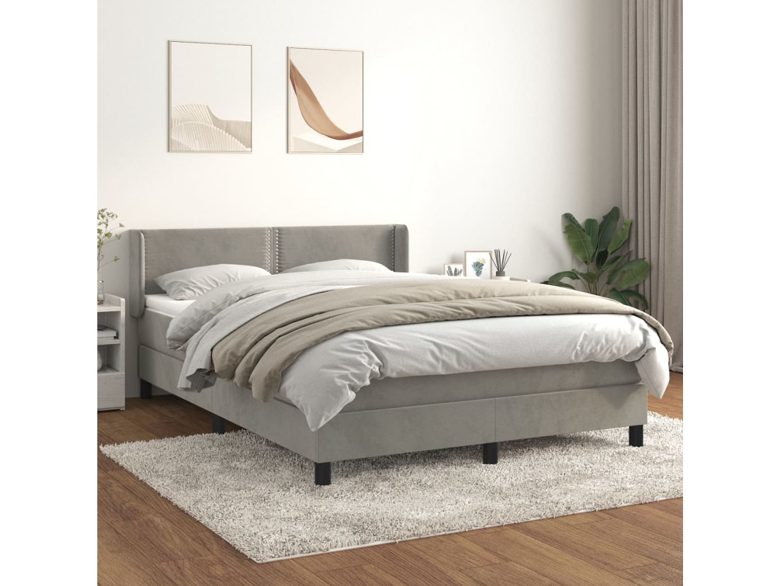 Cama Com Molas/colchão 140x190 Cm Veludo Cinzento-claro