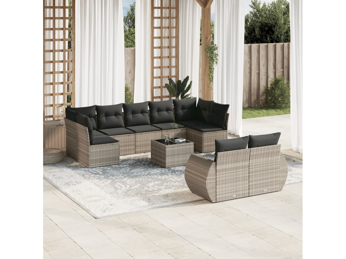 Vidaxl 10 Pcs Conj. Sofás Jardim Com Almofadões Vime Pe Cinzento-claro
