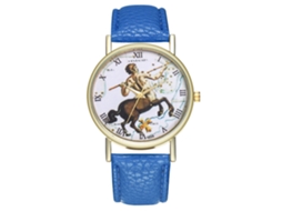 Relógio de Quartzo com Pulseira de Couro e Mostrador de Sagitário em Azul Real