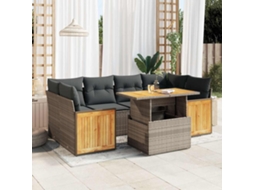 Vidaxl 7 Pcs Conjunto Sofás Jardim Almofadões Vime Pe/acácia Cinzento