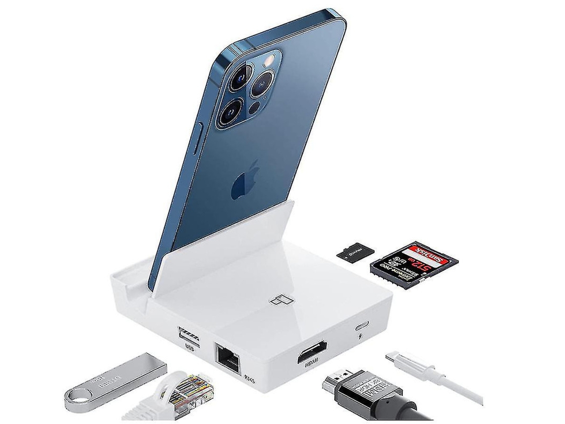 Estação De Acoplamento De Iluminação Hdmi Otg, Ethernet, 6 Em 1, Usb Hub, Iluminação, Leitor Sd/tf, Compatível Phone12 Etc Branco Bestvite