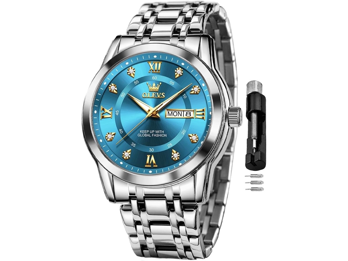 Lurelia Relógio Masculino, Movimento De Quartzo, Analógico, Data/calendário, Luminoso, Aço Inoxidável, Prata, Azul