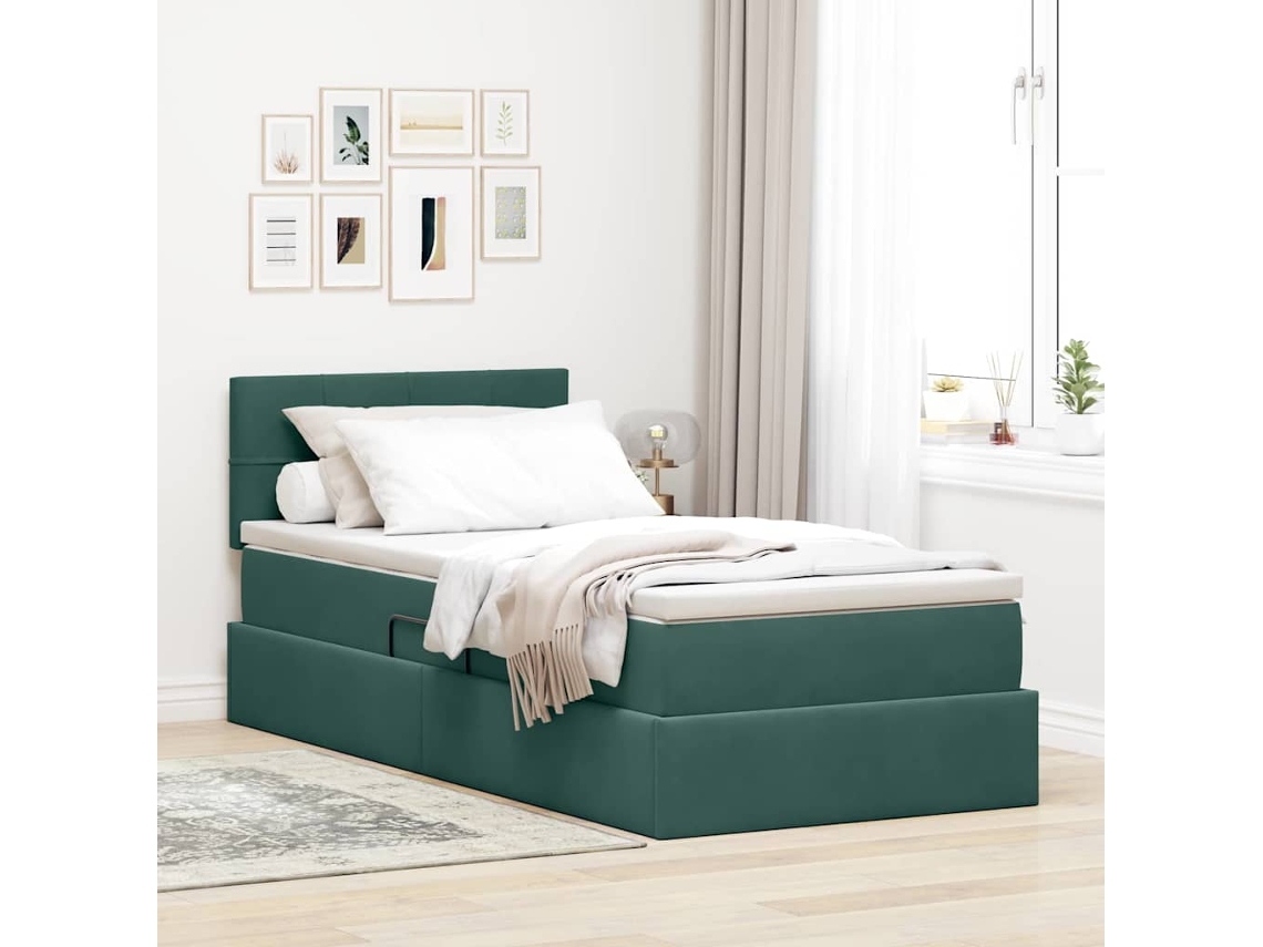 Vidaxl Cama de Armazenamento Led com Colchão Verde escuro 90 X 200 Cm