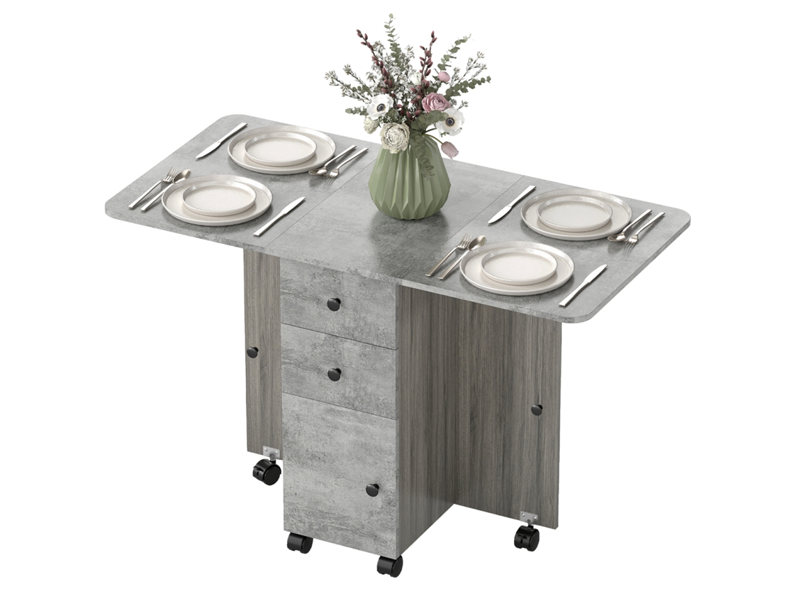 Mesa De Refeição Dobrável Com Rodas Abatível Com 2 Gavetas E Armário Auxiliar Multifuncional 120x60x76,5 Cm Cinza
