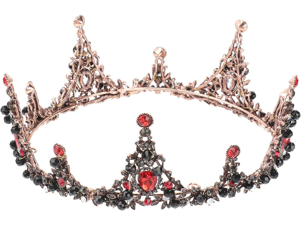 Coroa nupcial barroca redonda em liga vermelha com diamantes coloridos e cristais.