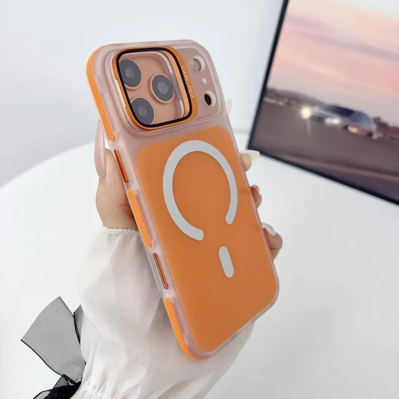 Capa Protetora De Lente De Vidro Fosco À Prova De Choque (para Iphone 16 Laranja) Com Magsafe