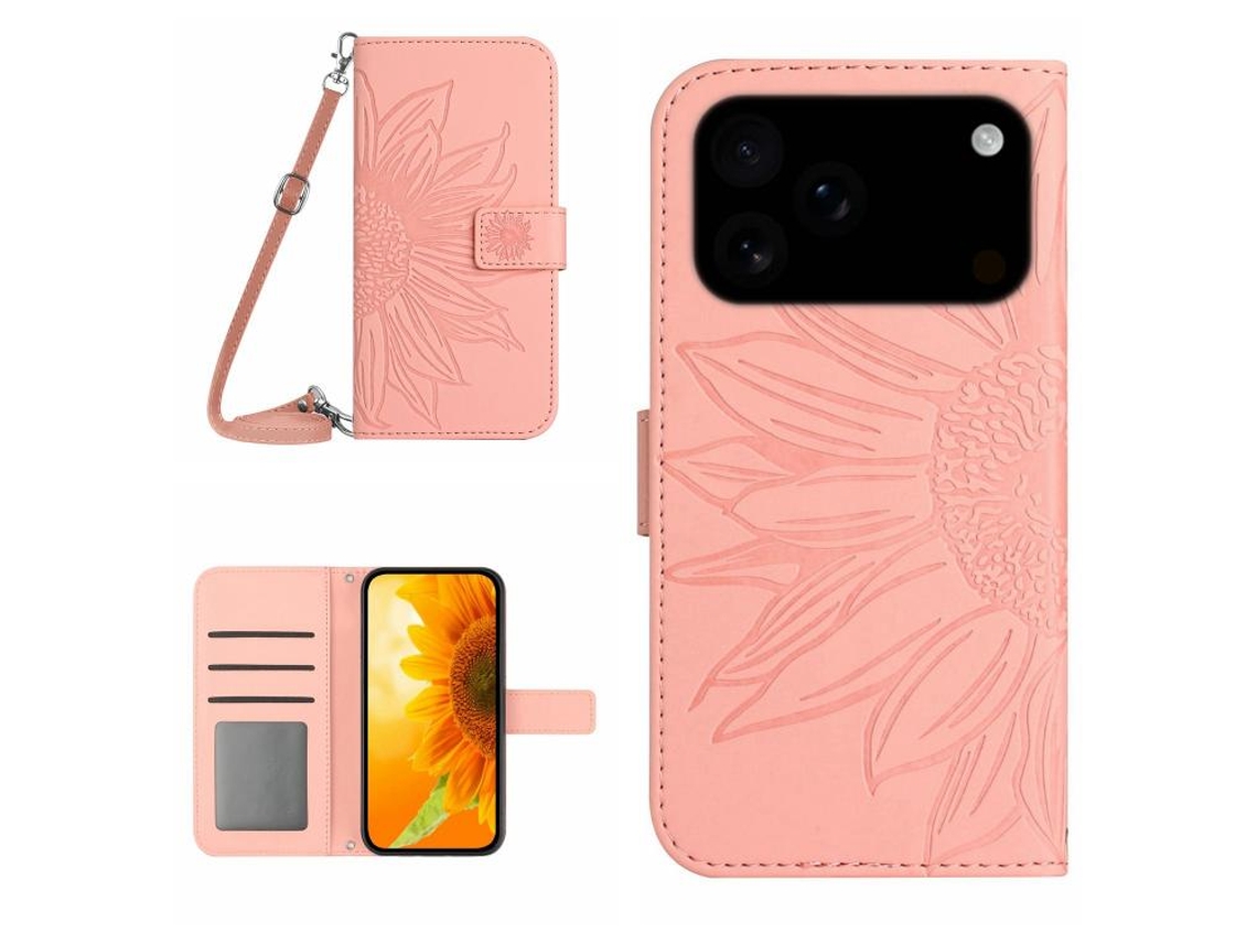 Capa De Couro Para Iphone 17 Pro Com Estampa De Girassol E Cordão.