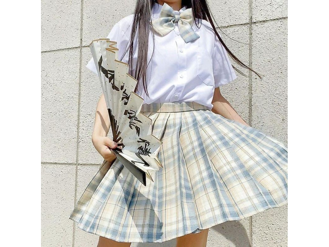 Saia plissada xadrez japonesa estilo uniforme escolar, cintura alta, modelo evasê, da Nowcos M Lemon Sea Sault para mulheres.