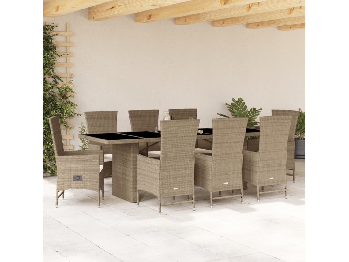 Vidaxl 9 Pcs Conjunto de Jantar P/ Jardim com Almofadões Vime Pe Bege