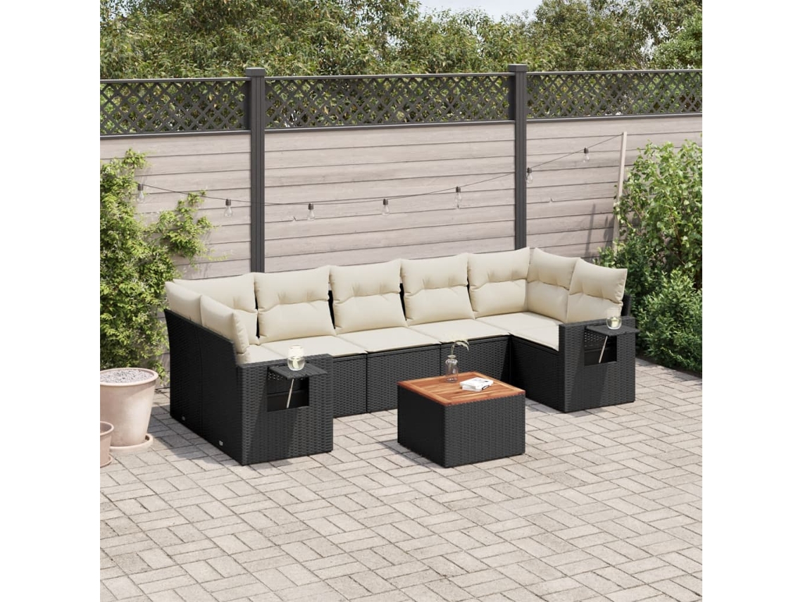 Vidaxl 8 Pcs Conjunto Sofás De Jardim Com Almofadões Vime Pe Preto