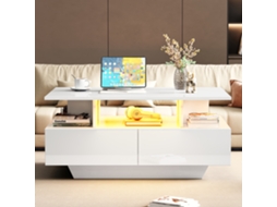 Mesa De Centro Moderna Com Led E 2 Gavetas Mesa Lateral Estilosa 90x55x41cm Com Armazenamento,suporta Até 30 Kg Branca Mega Echo Trade Shop