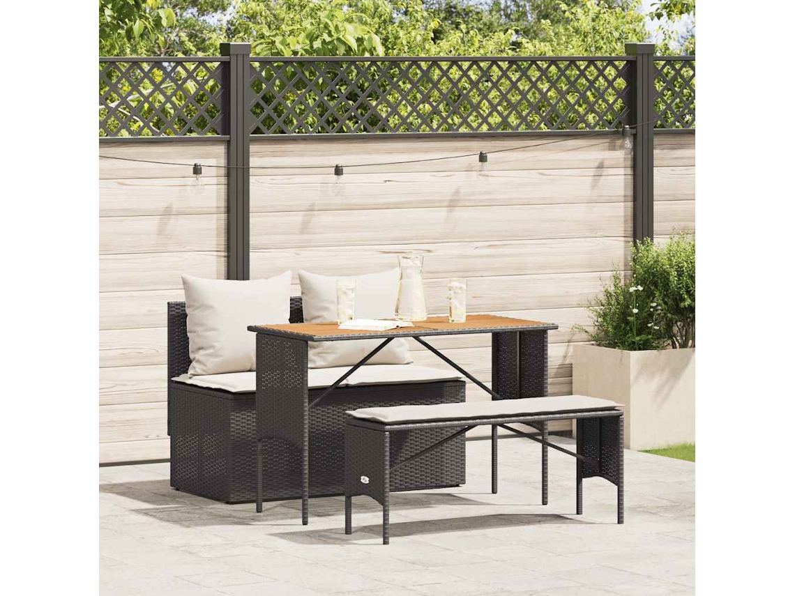 Vidaxl 3 Pcs Conjunto De Jantar P/ Jardim C/ Almofadões Vime Pe Preto