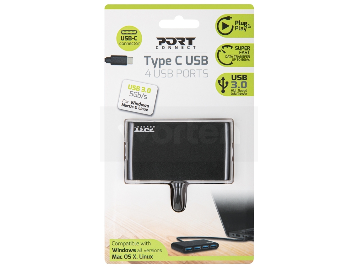 Hub PORT PORT Usb 4 Portas Type C (Outlet Caixa Aberta - Cinza/Branco)
