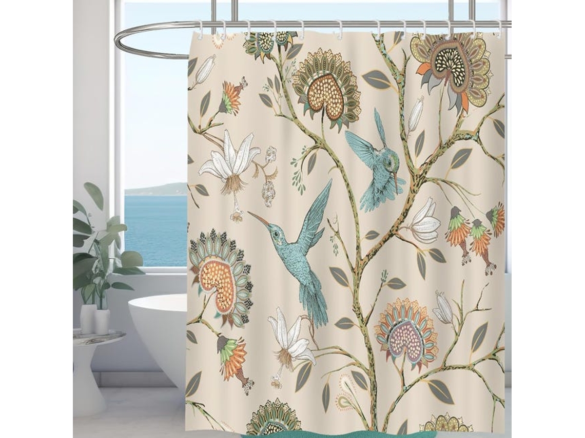 Cortina De Chuveiro Antimofo Para Ambientes Úmidos, 100% Poliéster, Impermeável, Com 12 Ganchos, 180 X 180 Cm (flor Branca Com Pássaro)