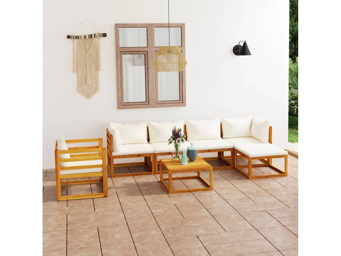 7 Pcs Conjunto Lounge Jardim C/ Almofadões Acácia Maciça Creme Dkd Home Decor