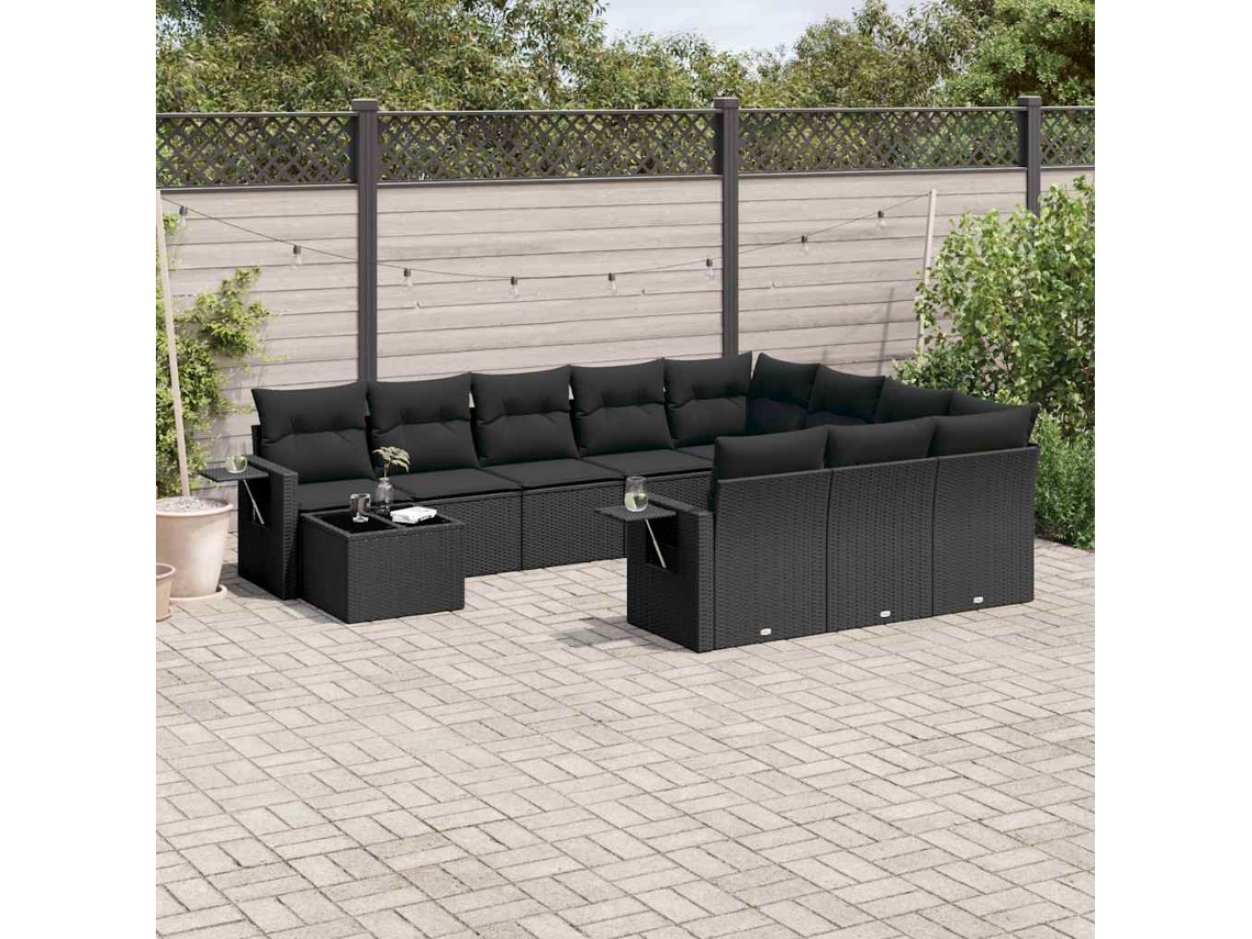 Vidaxl 11 Pcs Conjunto Sofás De Jardim C/ Almofadões Vime Pe Preto