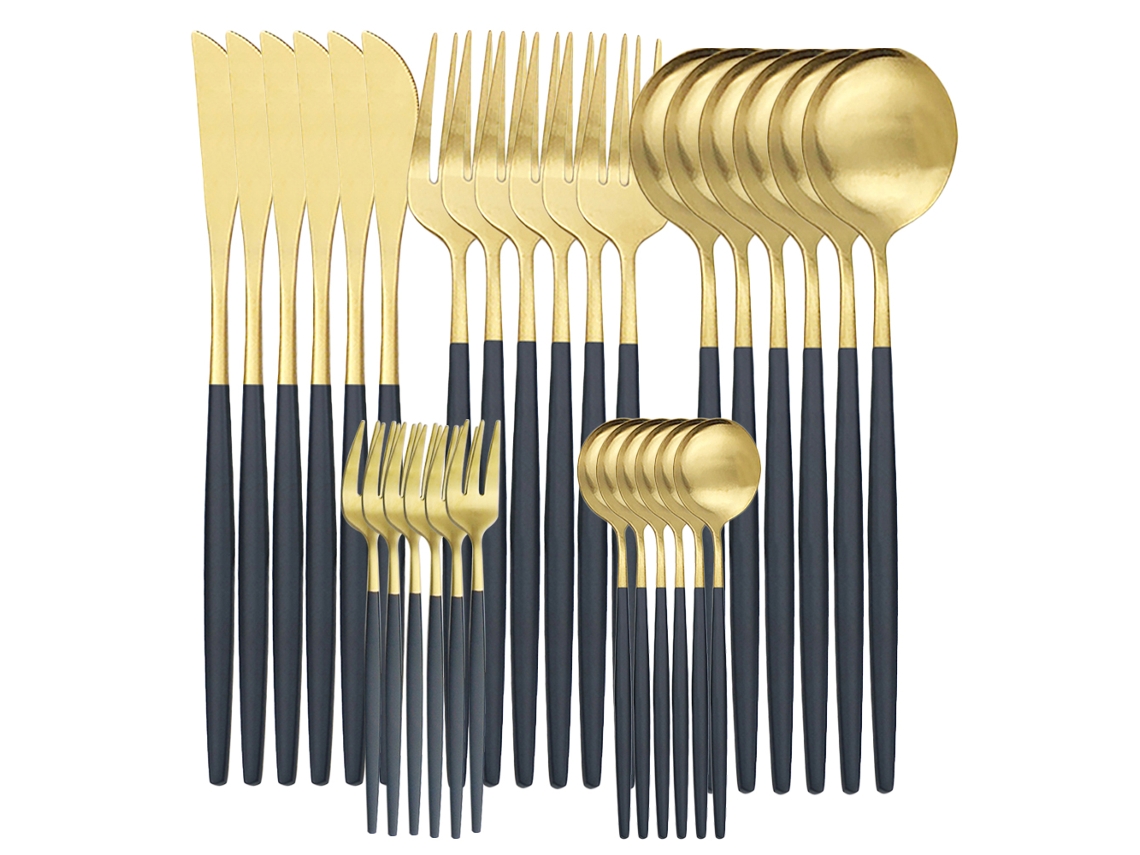 Conjunto de 30 Peças de Facas, Xícaras e Colheres em Aço Inoxidável Fosco MDUG (preto e Dourado)