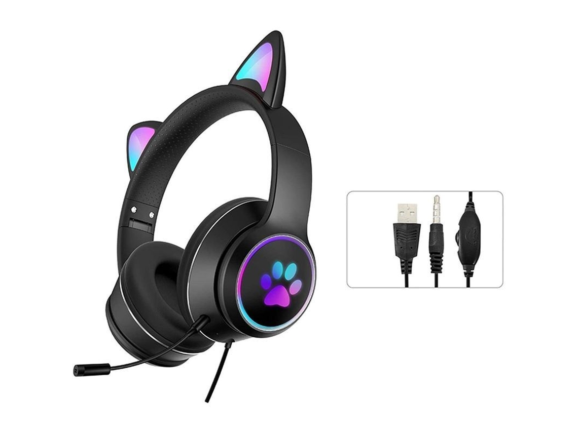 Fone de Ouvido Gamer YURU com orelhas de gato, luzes RGB, microfone USB 3.5mm, para crianças e adultos