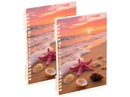 Conjunto de 2 Cadernos A5 Design Pôr do Sol e Praia Estrela do mar Concha 21,1 X 14,5 Cm Material Resistente
