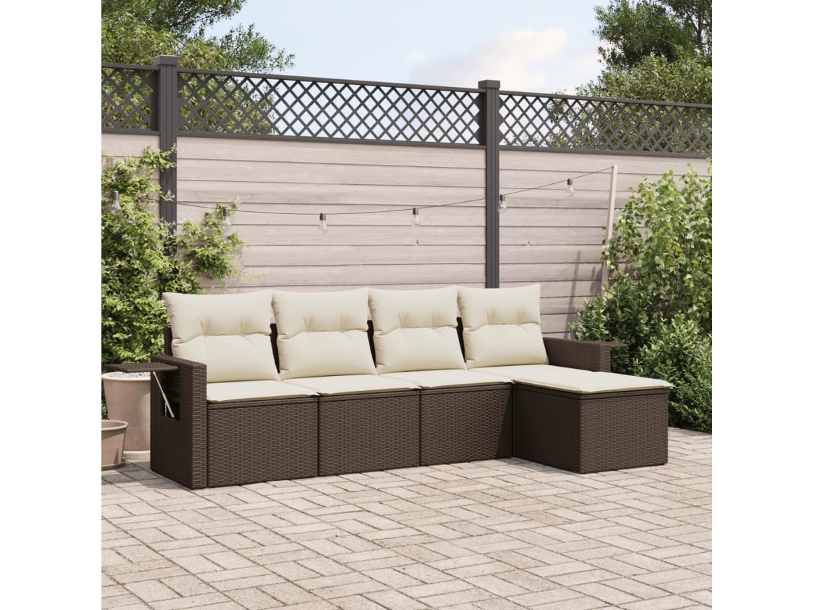 5 Pcs Conjunto Sofás P/ Jardim C/ Almofadões Vime Pe Marrom Dkd Home Decor