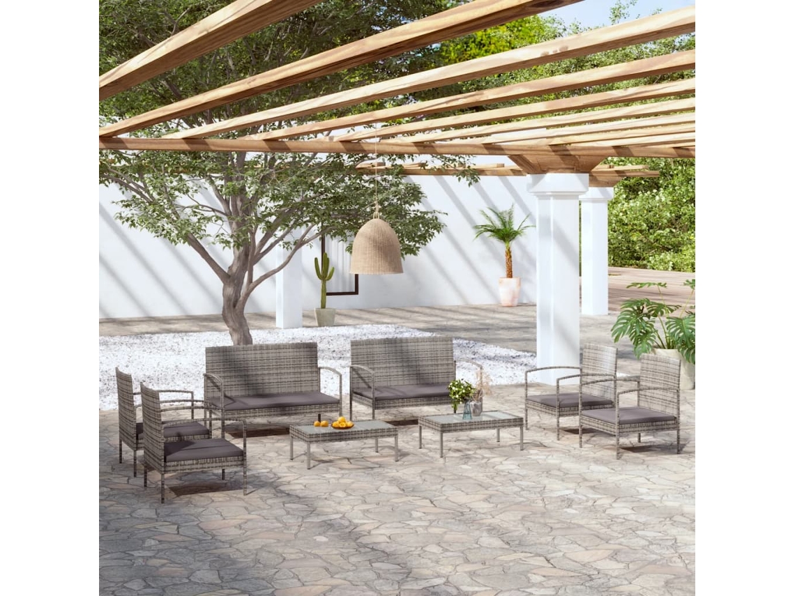 Conjunto Lounge Jardim 8 Peças C/ Almofadões Vime Pe Cinza Dkd Home Decor