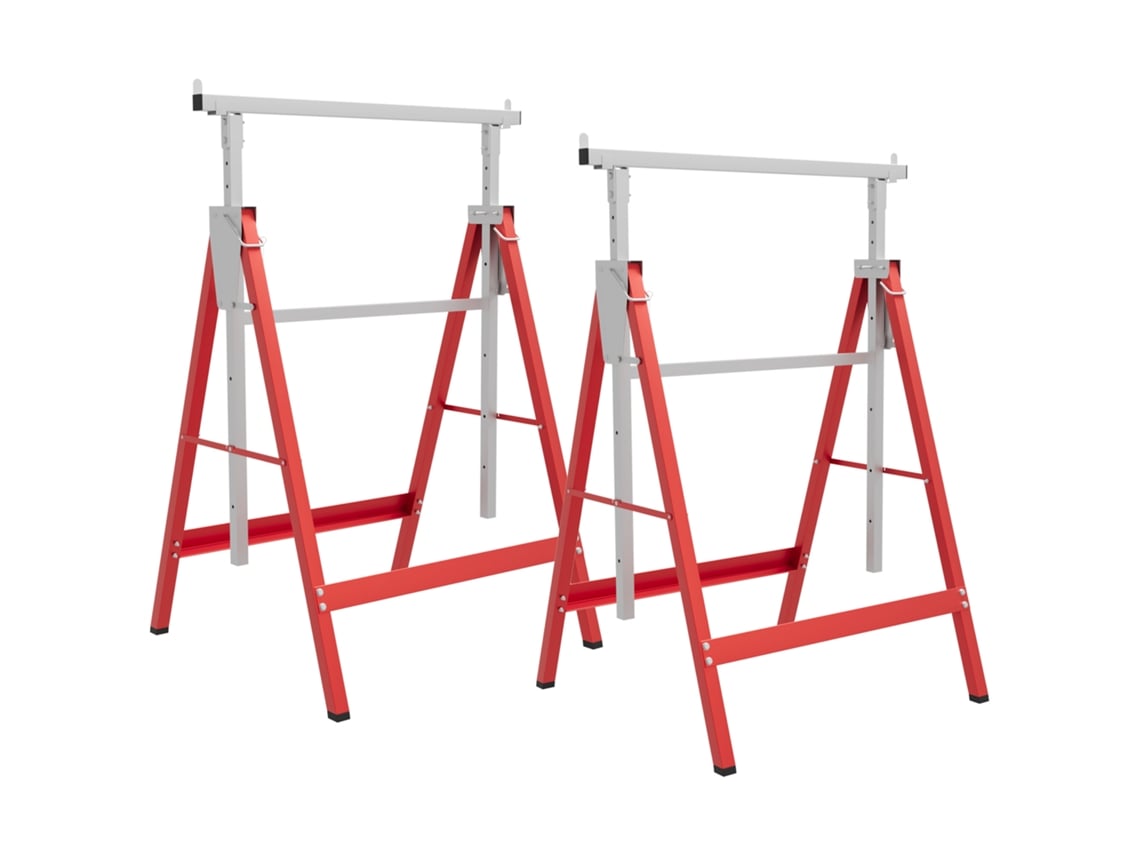 Conjunto De 2 Cavaletes Telescópicos Dobráveis Com Altura Ajustável Cavaletes De Serra De Aço 68x58x80-130 Cm Vermelho