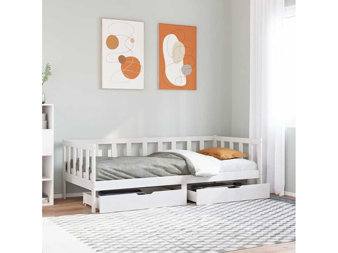 Vidaxl Sofá-cama C/ Gavetas 90x190 Cm Madeira De Pinho Maciça Branco