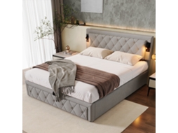 Cama Estofada 160x200 Led Usb Diamante Hidráulico Cinza