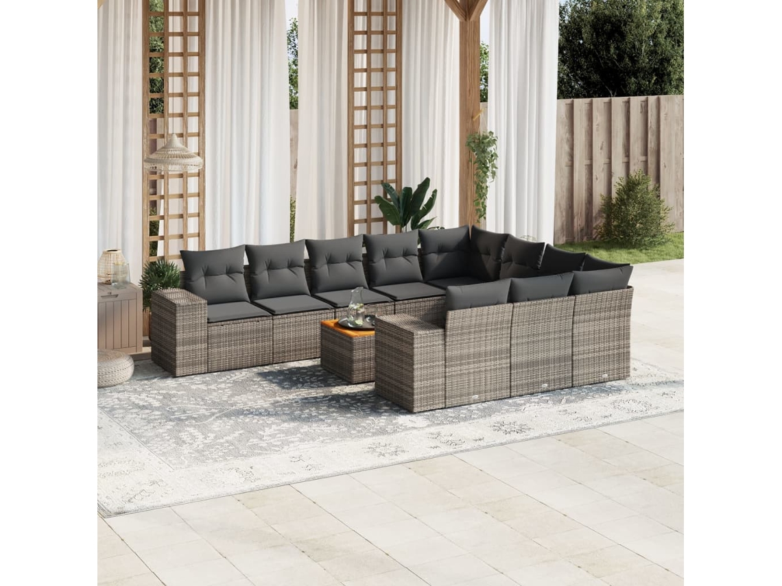 Jogo de Sofá Jardim 11 Peças C/ Almofadões Vime Pe Cinza Dkd Home Decor