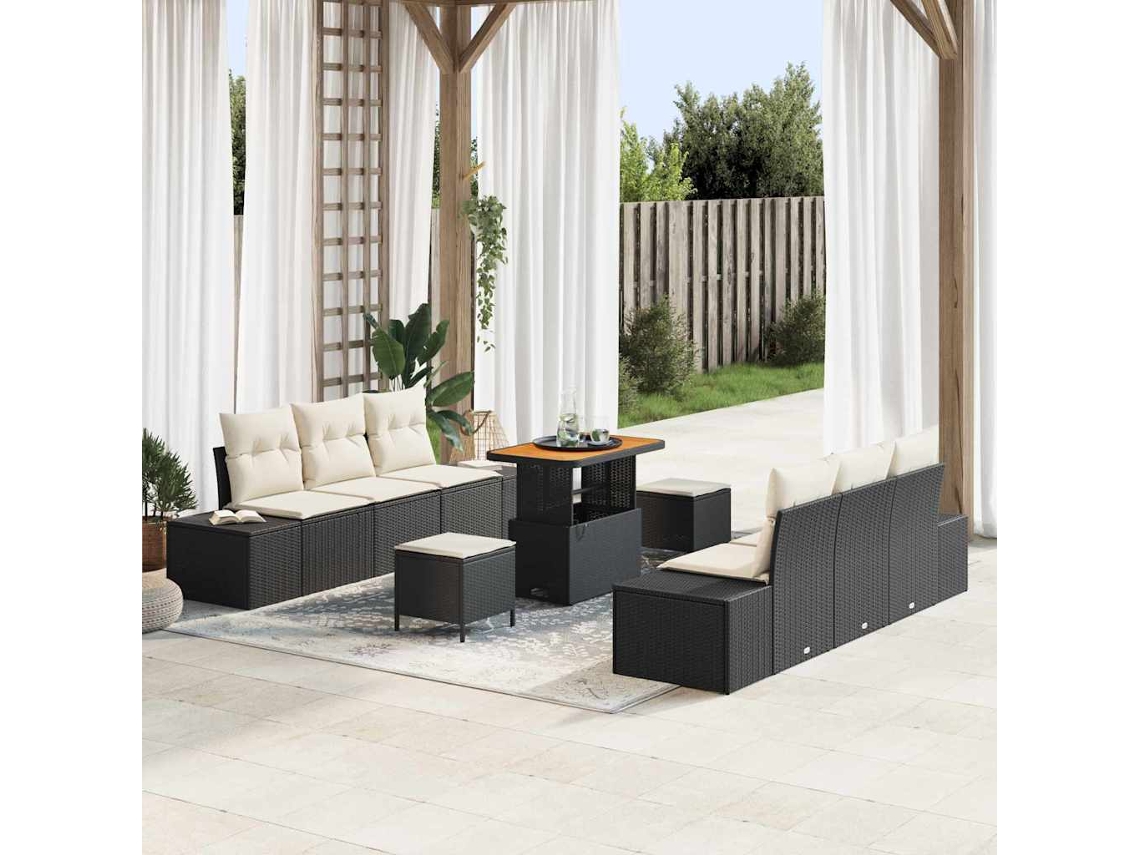 Vidaxl Conjunto de Sofá de Jardim com Almofada 9 Pcs Preto Vime Pe