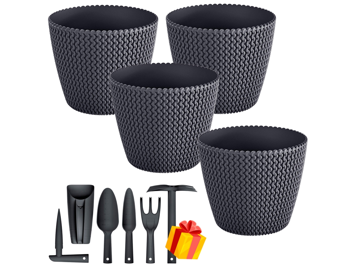 Set 4 Vasos Redondos De 5 L + Set 6 Ferramentas De Jardinagem