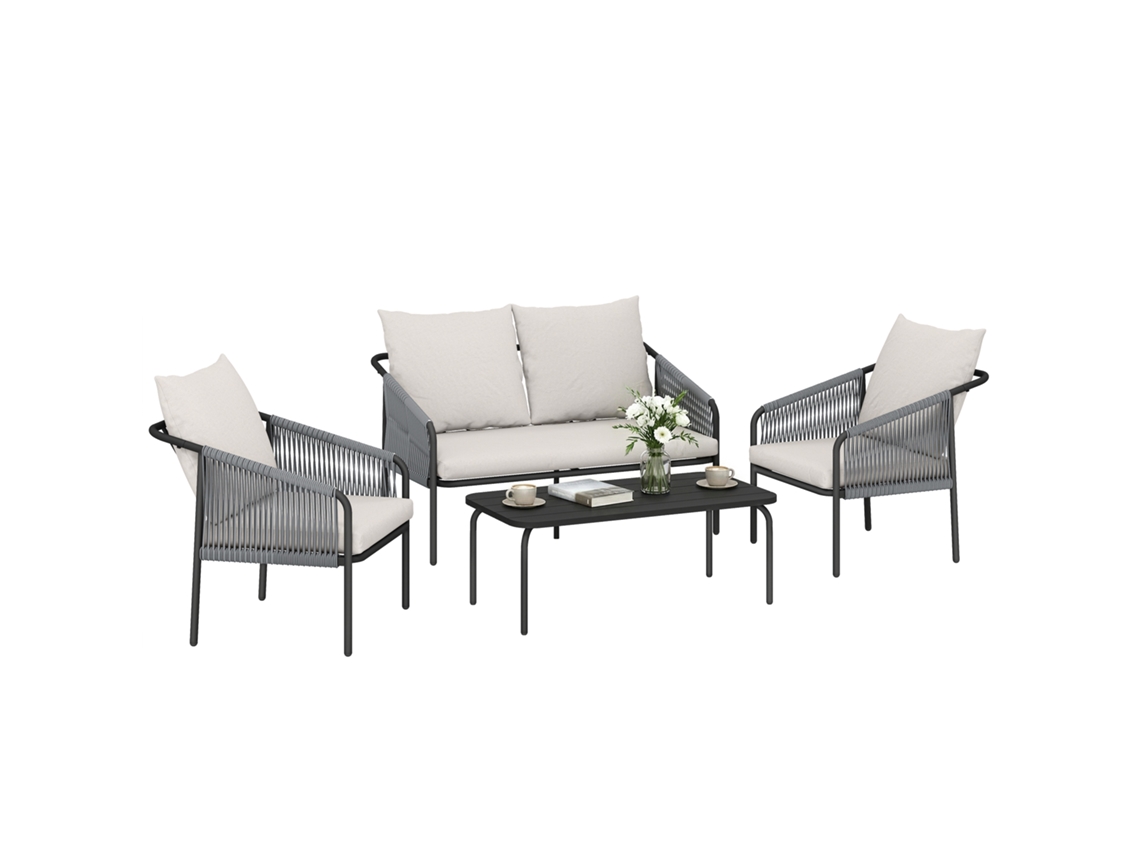 Conjunto de jardim de 4 peças em rattan com sofá, poltronas, mesa e caqui S/MARCA