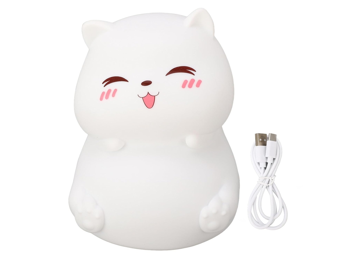 Luminária noturna infantil em formato de gato, com controle por toque.